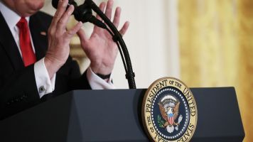 U.S. President Donald Trump speaks during a news conference.