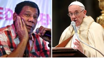 Rodrigo Duterte and Pope Francis speaking into a microphone