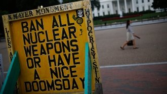 Nuclear protest sign outside the White House