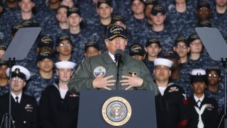 President Donald Trump speaks at the USS Gerald R. Ford