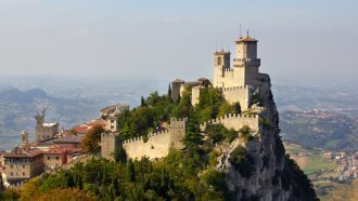 The fortress of Città di San Marino, viewed from the side of Torre Guaita on Monte Titano