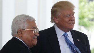 U.S. President Donald Trump welcomes Palestinian President Mahmoud Abbas.