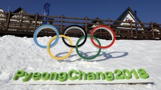 The Olympic rings are seen in Hoenggye town.
