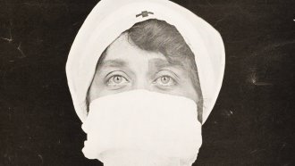 An 1879 photo of a nurse wearing a mask
