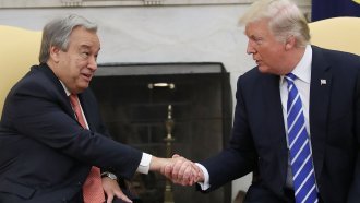 President Donald Trump shakes hands with U.N. Secretary-general António Guterres