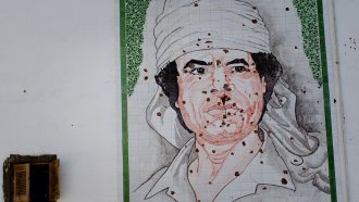 A mosaic of Moammar Gadhafi on a wall in Tripoli, Libya