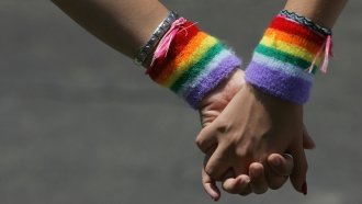 A lesbian couple hold hands during a Gay Pride rally