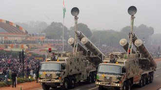 Missiles on display at a parade in India