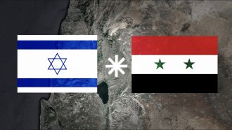 A map of the Golan Heights, with Israeli and Syrian flags overlaid