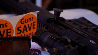 A "Guns Save Lives" sticker and a rifle during VCDL's Lobby Day.