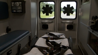 Inside an empty ambulance.