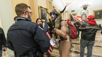 A member of the mob that breached the Capitol waves a finger at police.
