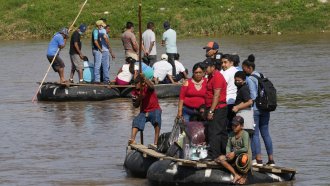 People ride rafts across the Suchiate River, back and forth between Ciudad Hidalgo, Mexico, top, and Tecun Uman, Guatemala