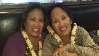 Rosary Castro-Olega (left) passed away from COVID  March 2020. She celebrates her birthday with her twin sister Rosalie.