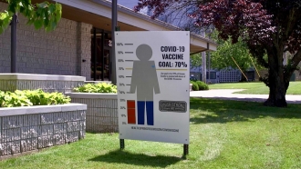 A sign in Springfield, MO shows the county's covid-19 vaccination rate.
