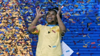 Zaila Avant-garde, 14, from Harvey, Louisiana is covered with confetti as she celebrates