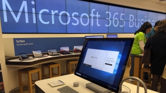 A Microsoft computer is among items displayed at a Microsoft store in suburban Boston.