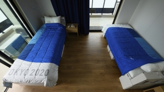 Recyclable cardboard beds and mattresses for athletes are seen during a media tour at the Olympic and Paralympic Village.