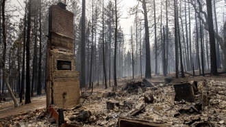 A chimney is left standing after a property was destroyed by the Caldor Fire in Grizzly Flats, California