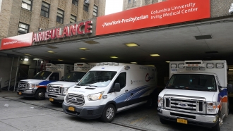 Ambulances fill the bay at New York Presbyterian Hospital