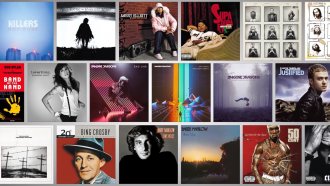 A collage shows multiple artists' album cover art.