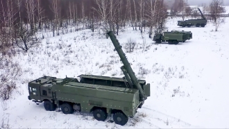 The Russian army's Iskander missile launchers take positions during drills in Russia