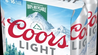 Coors Light six-pack with cardboard wrap instead of plastic rings