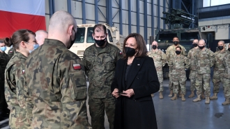 Vice President Kamala Harris speaks to military troops