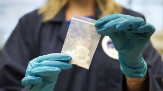 A bag of fentanyl is displayed at the DEA Special Testing and Research Laboratory.