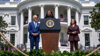 Judge Ketanji Brown Jackson, accompanied by President Joe Biden, and Vice President Kamala Harris.