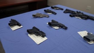 A variety of guns are laid out on a table