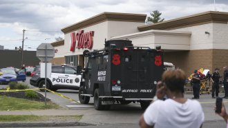 Police vehicles in front of Tops Supermarket in Buffalo, New York