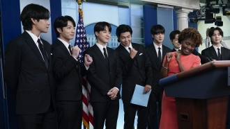 Members of the K-pop music group BTS during a White House press conference