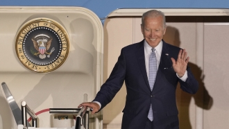 President Joe Biden arriving at Franz-Josef-Strauss Airport near Munich, Germany.