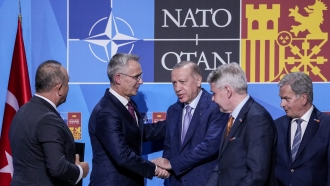 Turkey's president shakes hands with NATO's secretary general.