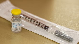 A vial containing the monkeypox vaccine.