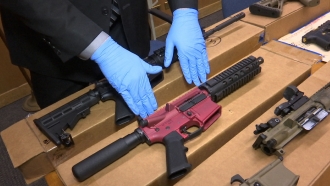 ghost guns" are displayed at the headquarters of the San Francisco Police Department in San Francisco