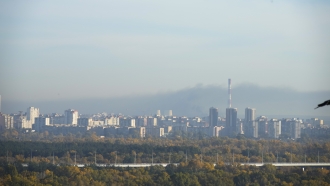 Smoke rises after Russian shelling in Kyiv, Ukraine.