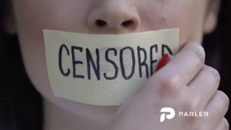 A Parler advertisement shows a woman with a piece of tape saying 