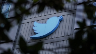 Twitter logo is pictured outside the Twitter headquarters.