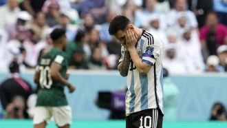 Argentina's Lionel Messi reacts disappointed during the World Cup group C soccer match between Argentina and Saudi Arabia