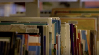A row of books is shown.