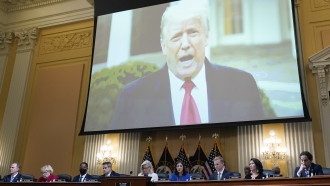 A video of President Donald Trump is shown on a screen, as the House select committee investigating the Jan. 6 attack.