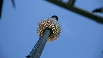 The New Year's Eve ball sits atop One Times Square in New York.