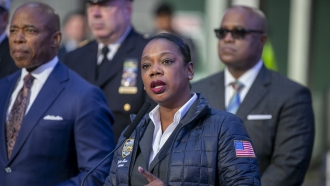 New York City Police Commissioner Keechant Sewell speaks at a news conference.