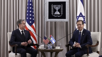 U.S. Secretary of State Antony Blinken, left, meets with Israeli President Isaac Herzog on Monday