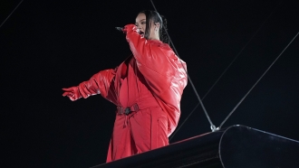 Rihanna performs during the halftime show at the NFL Super Bowl 57 football game between the Chiefs and the Eagles