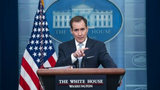 White House coordinator for strategic communications John Kirby speaks at a Feb. 13 news conference at the White House.