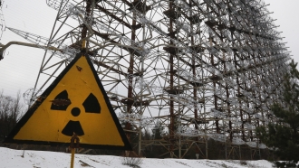 A radioactivity sign in Chernobyl, Ukraine.