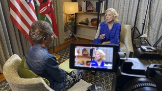 First Lady of the United States Jill Biden speaks during an interview with Associated Press reporter Darlene Superville.